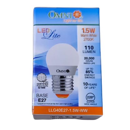 OMNI LED Lite 1.5W Warm White LED light bulb packaging box, featuring a blue and white design with an illustration of the screw base and frosted bulb.