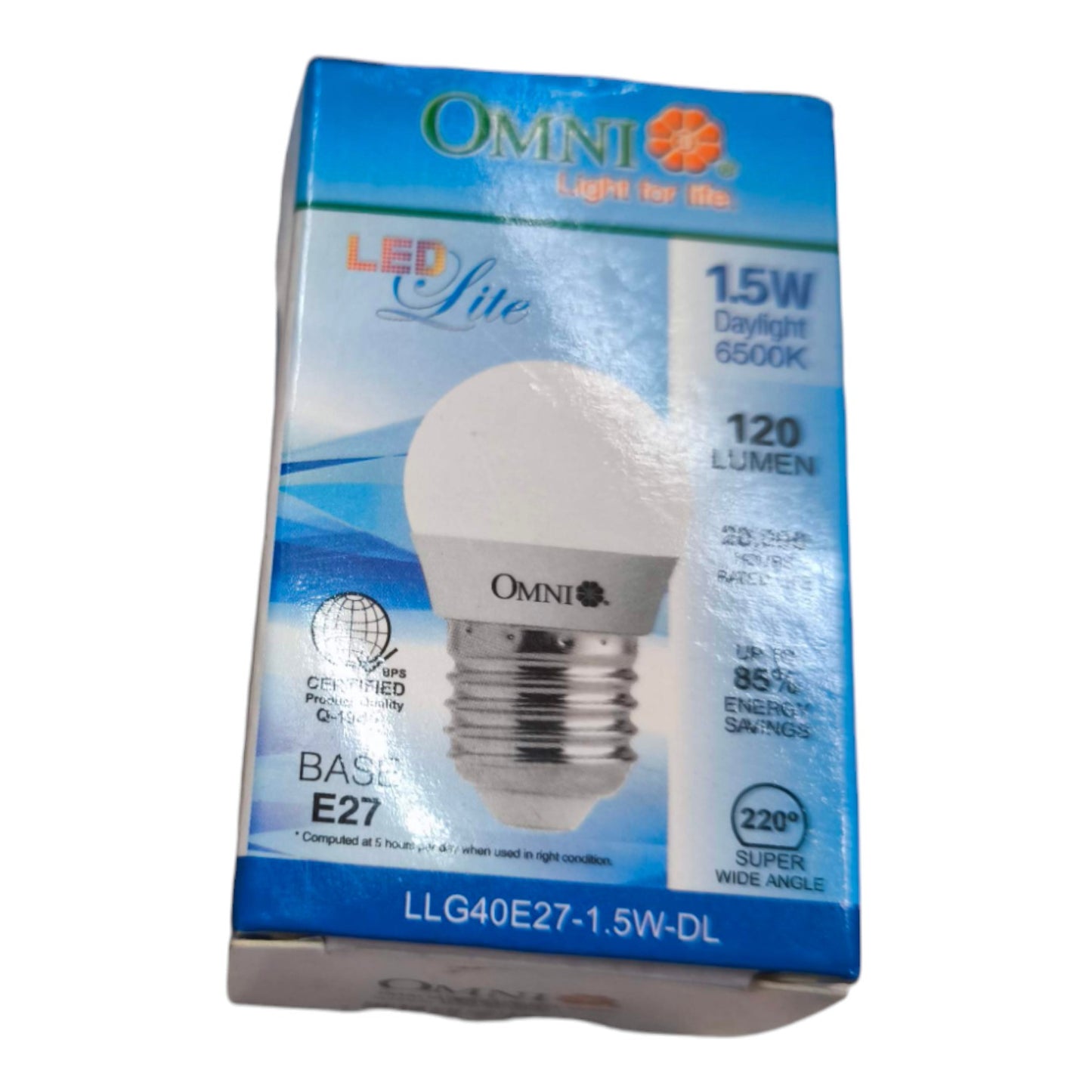 OMNI LED Site 1.5W E27 LED light bulb packaging box, featuring a blue and white design with a graphic of the LED light bulb.
