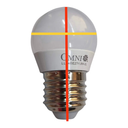 An LED light bulb with a white frosted glass dome, a white printed label showing the brand 'OMNI', and a metallic screw base. A yellow horizontal line and a red vertical line are overlaid on the bulb against a plain white background.