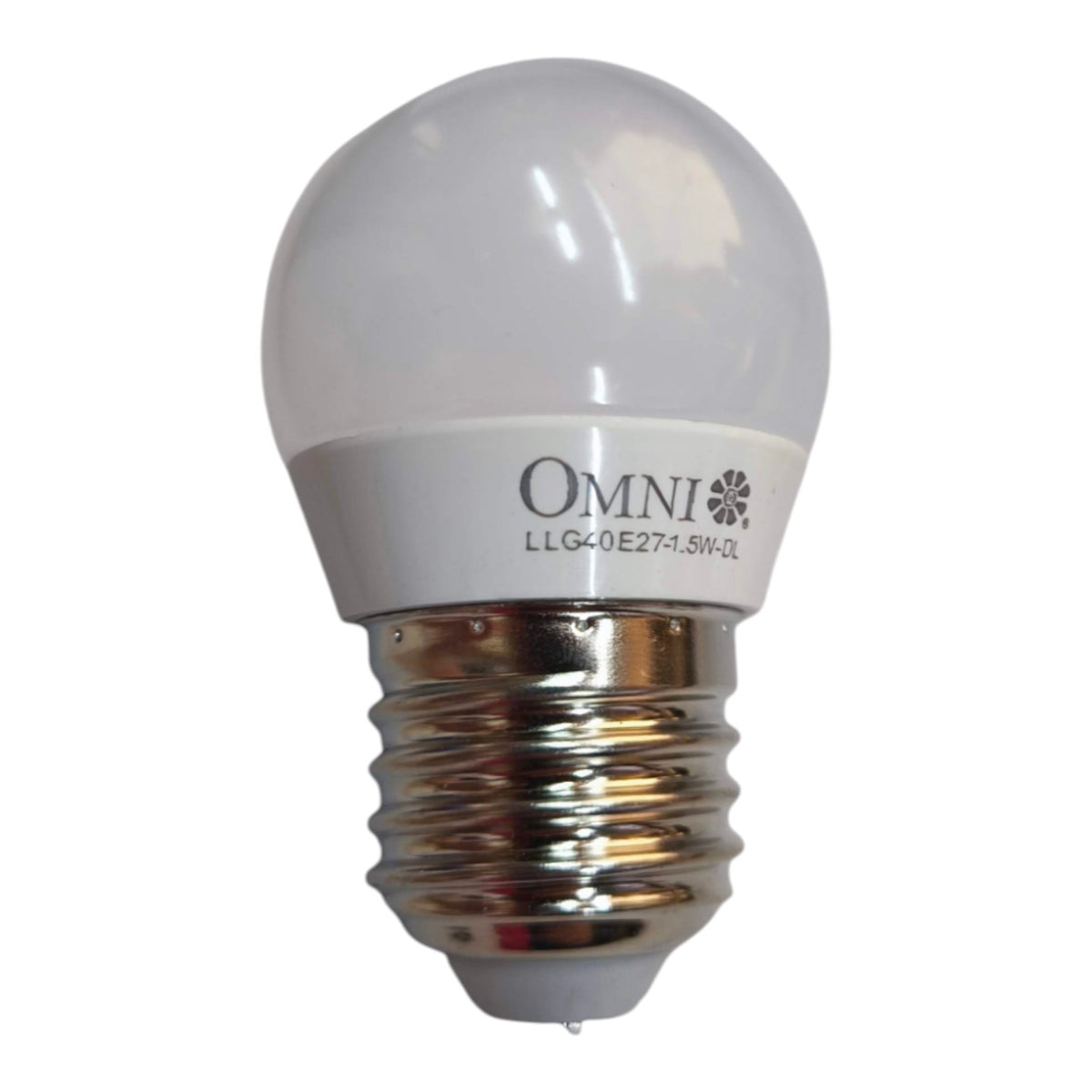An Omni brand LED light bulb with a frosted white glass globe and a silver-colored metal E14 screw base, shown against a plain white background.