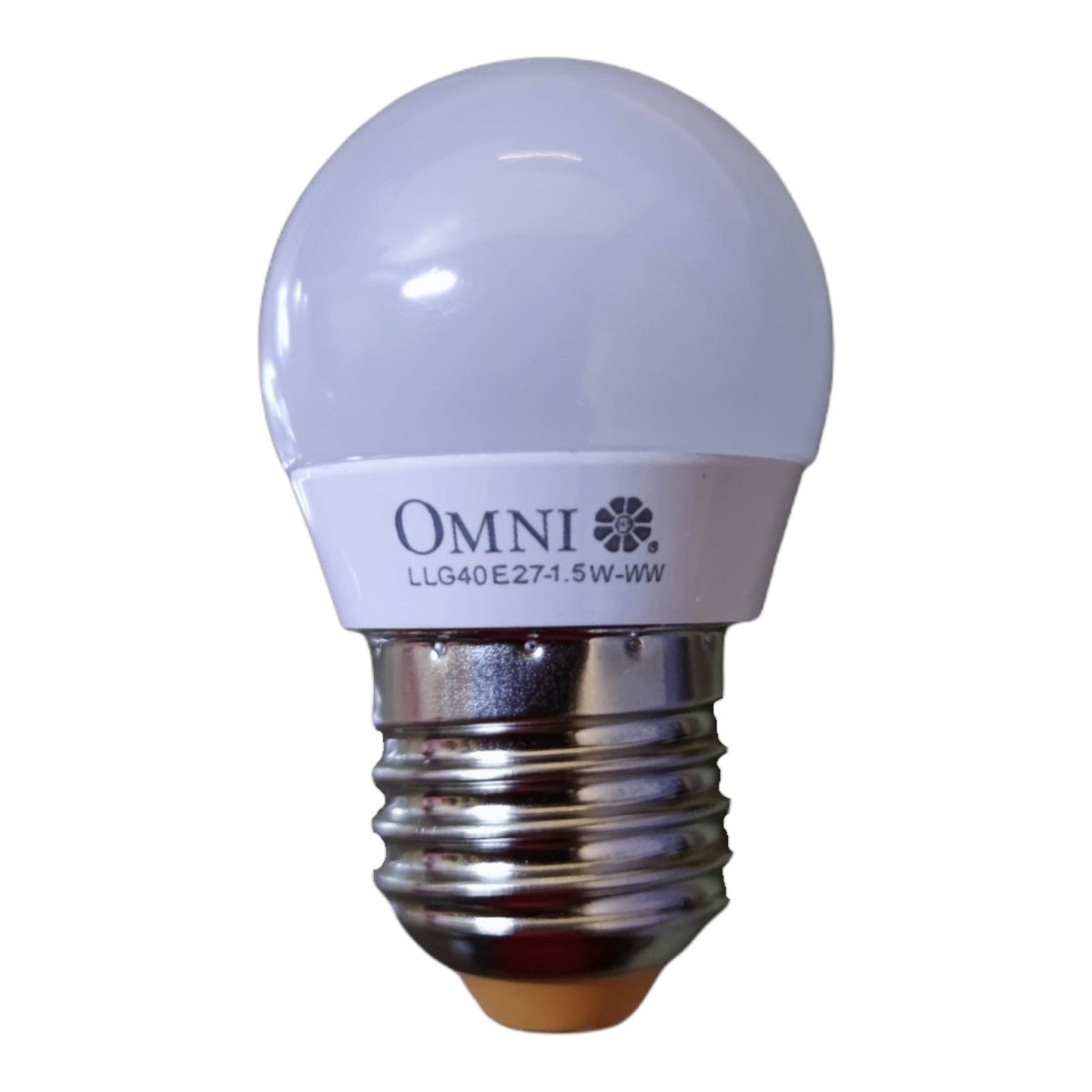 An OMNI brand LED light bulb with a frosted white glass globe and a silver-colored metal screw base, shown against a plain white background.