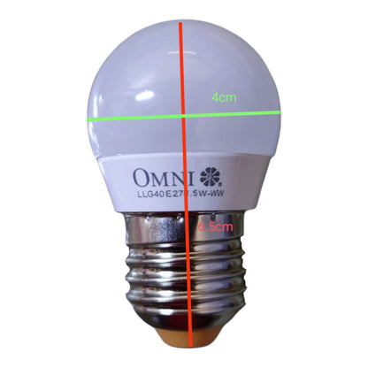 An LED light bulb with a clear frosted glass dome and a silver screw base, shown on a white background with red, green, and light green measurement overlays indicating dimensions.