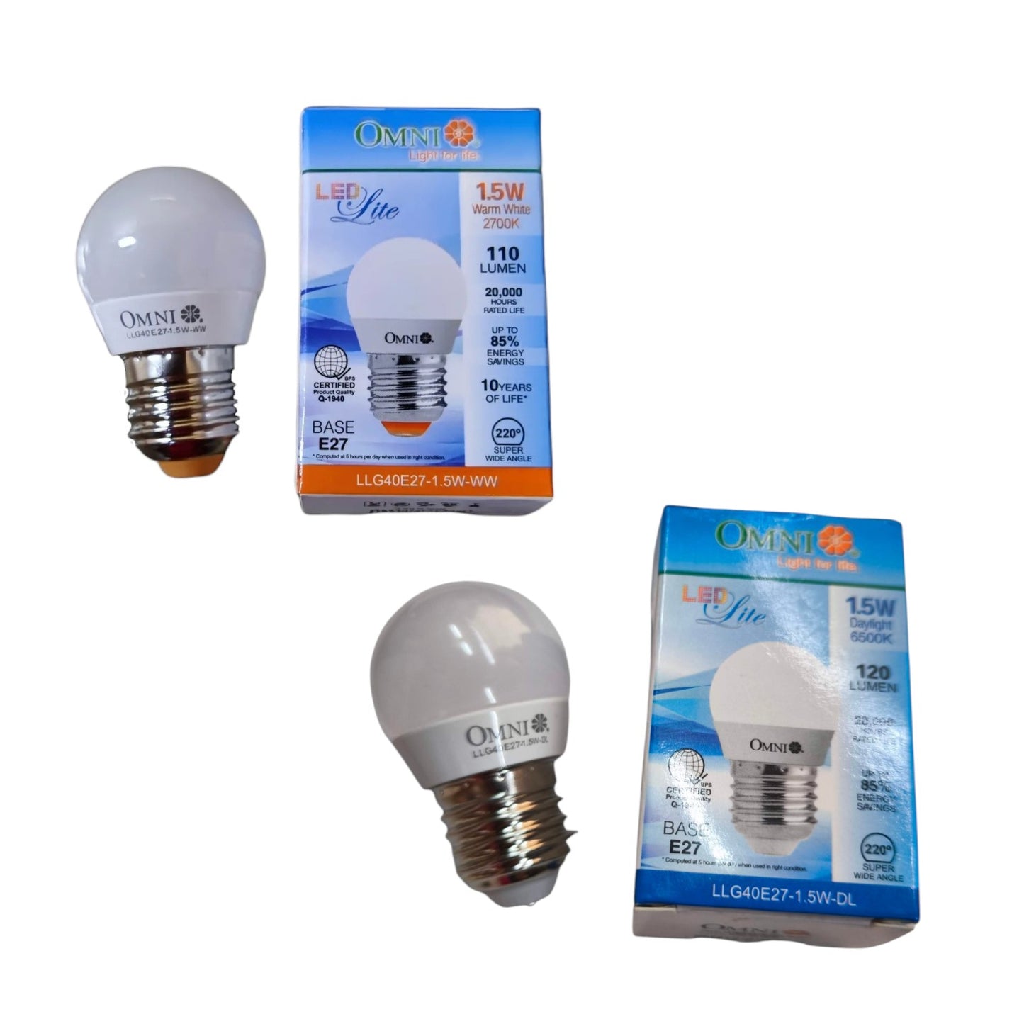 Two OMNI LED Lite 1.5W E27 LED light bulbs shown with their retail packaging boxes on a plain white background.