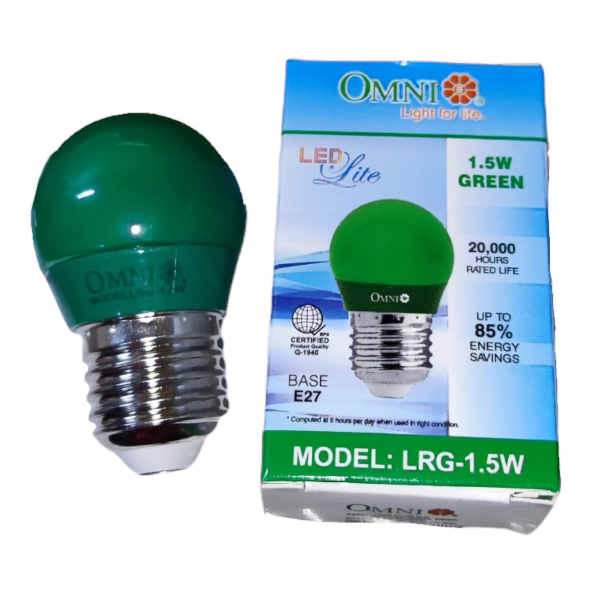 A green LED light bulb next to its blue and green retail packaging box, branded Omni, on a plain white background.