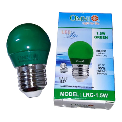 A green LED light bulb next to its blue and green retail packaging box, branded Omni, on a plain white background.