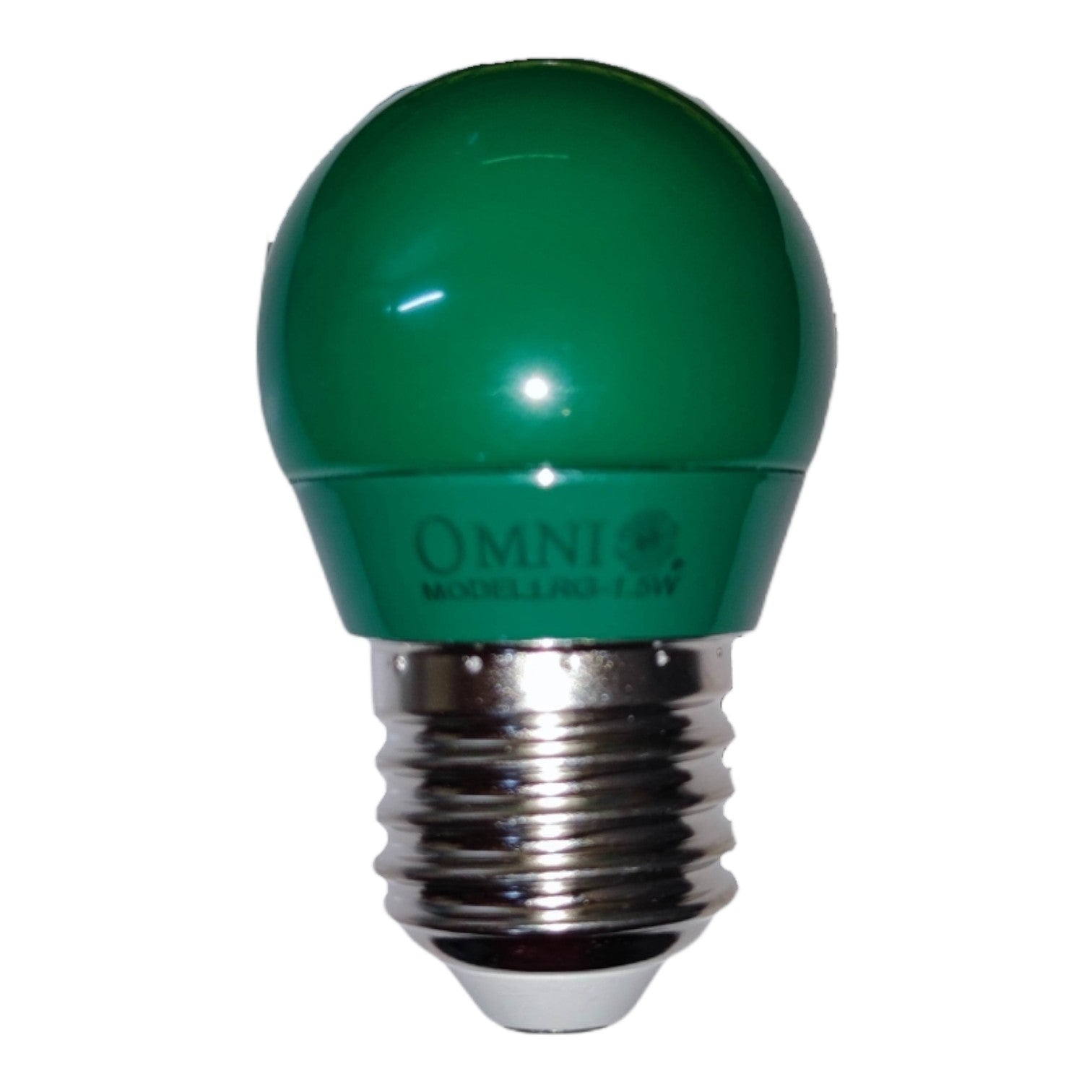 A green globe-shaped LED light bulb with a silver screw base, featuring the brand name 'OMNI' printed on the green body.