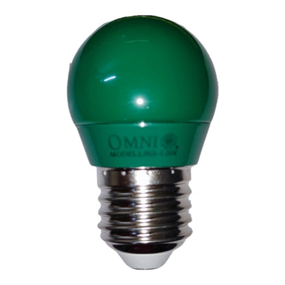 A green globe-shaped LED light bulb with a silver screw base, featuring the brand name 'OMNI' printed on the green body.
