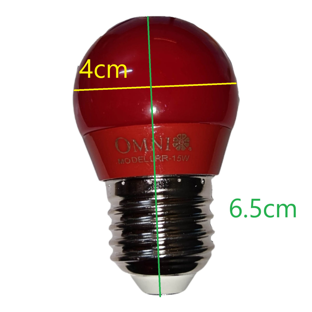 A red LED light bulb with a silver screw base, overlaid with dimension lines showing a height of 6.5cm and a diameter of 4cm, on a white background.