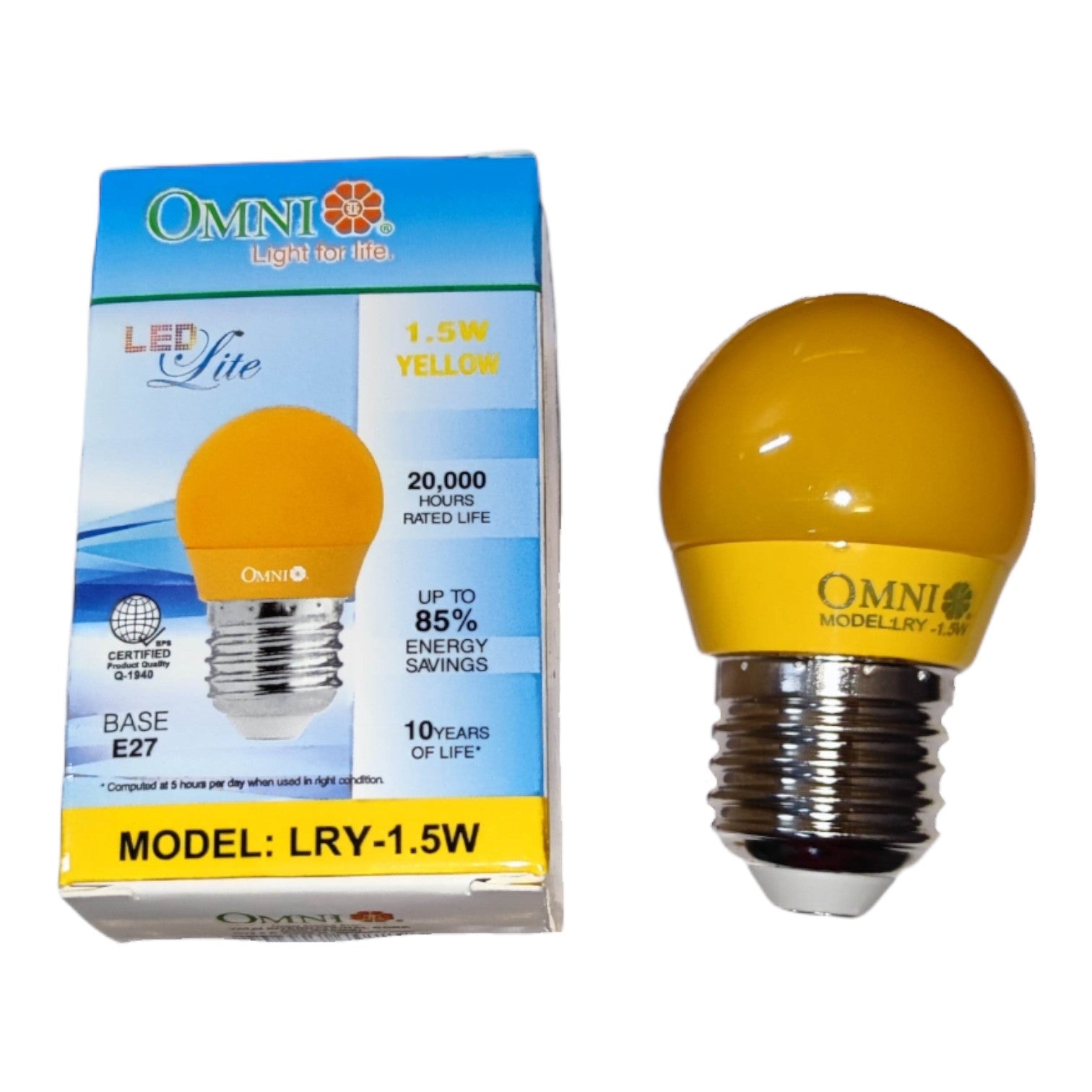 An Omni LED Light Life 1.5W yellow globe bulb shown next to its blue and yellow retail packaging box on a plain white background.
