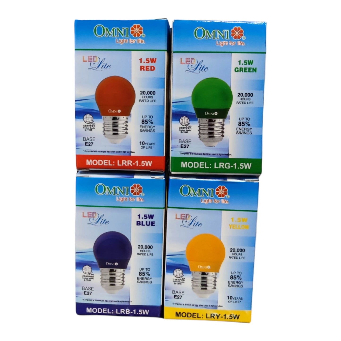 Four boxes of Omni LED Lite 1.5W LED bulb replacements in red, green, blue, and yellow, arranged in a 2x2 grid on a white background.