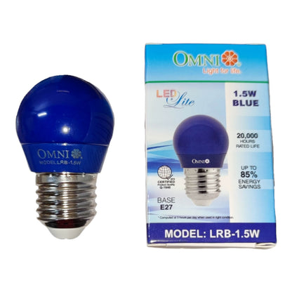 A blue LED light bulb with a silver screw base shown next to its retail packaging box, both branded OMNI Light for Life.