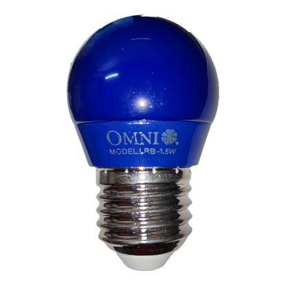 A blue glass light bulb with a silver metal screw base, featuring the brand name 'OMNI' printed on the blue section.