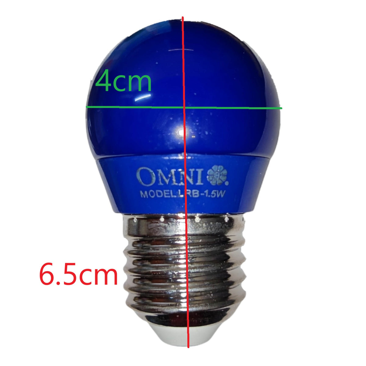 Blue OMNI LED globe light bulb with an E14 screw base, showing dimension overlays of 4cm diameter and 6.5cm height on a white background.