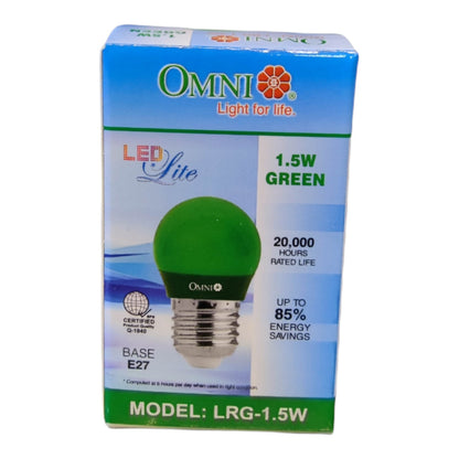 OMNI LED Lite 1.5W Green LED light bulb packaging box, showing a green globe-shaped bulb with a silver screw base on a white and blue background.