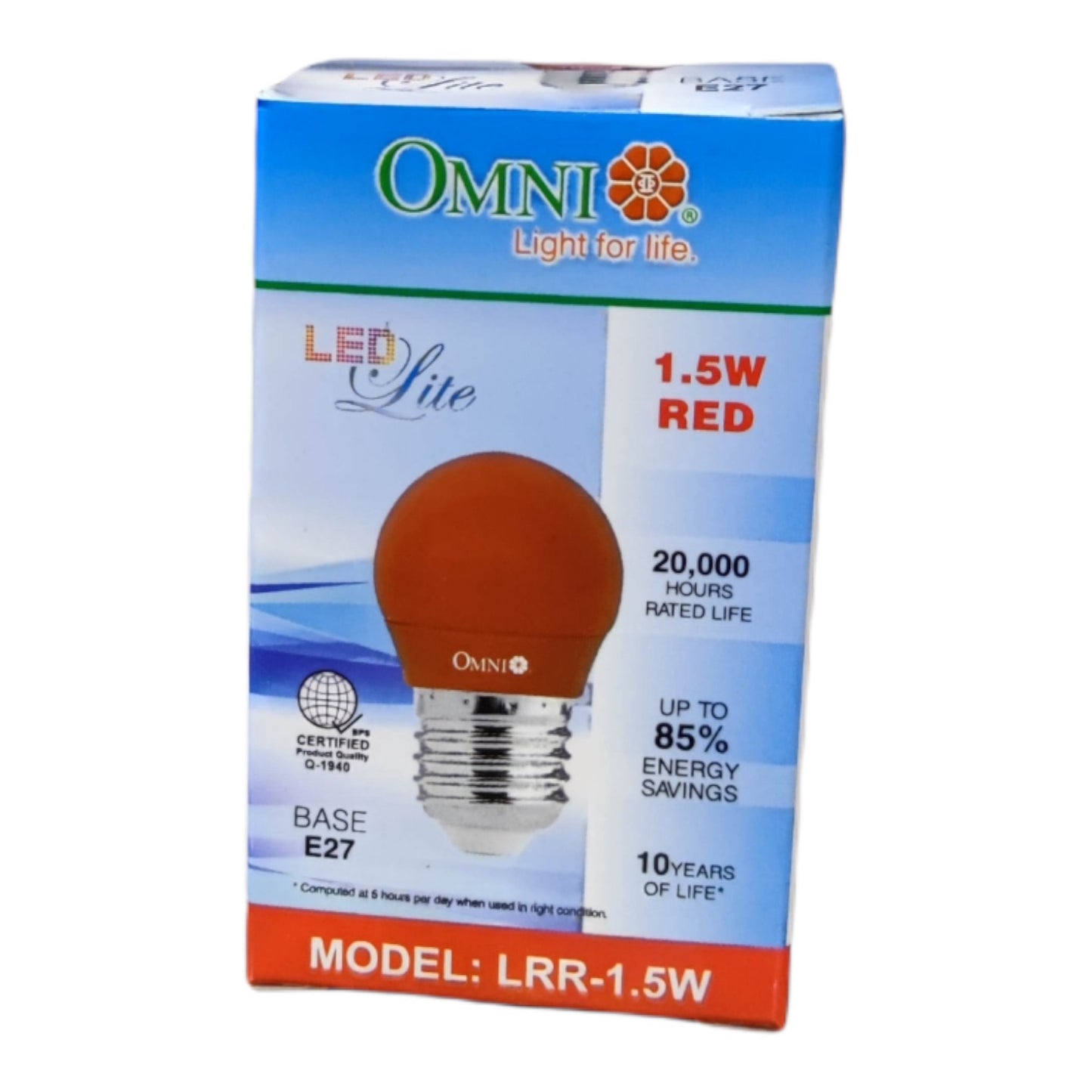 OMNI LED Lite 1.5W Red A19 LED bulb packaging box, showing the red globe bulb and silver screw base on a blue and white background.