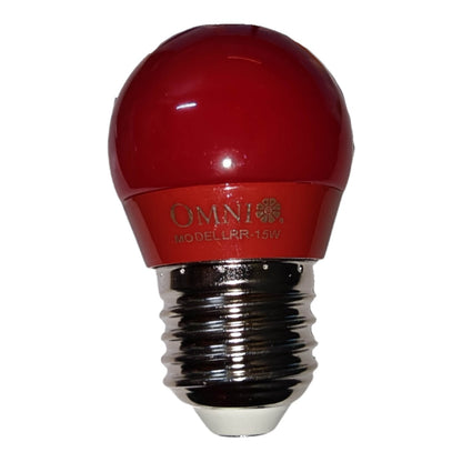 A red globe-style light bulb with a metallic screw base, featuring the brand name 'OMNI' printed on the red section.