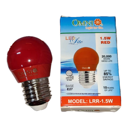 A red LED light bulb with a silver E27 screw base shown next to its blue and orange OMNI brand retail box on a white background.