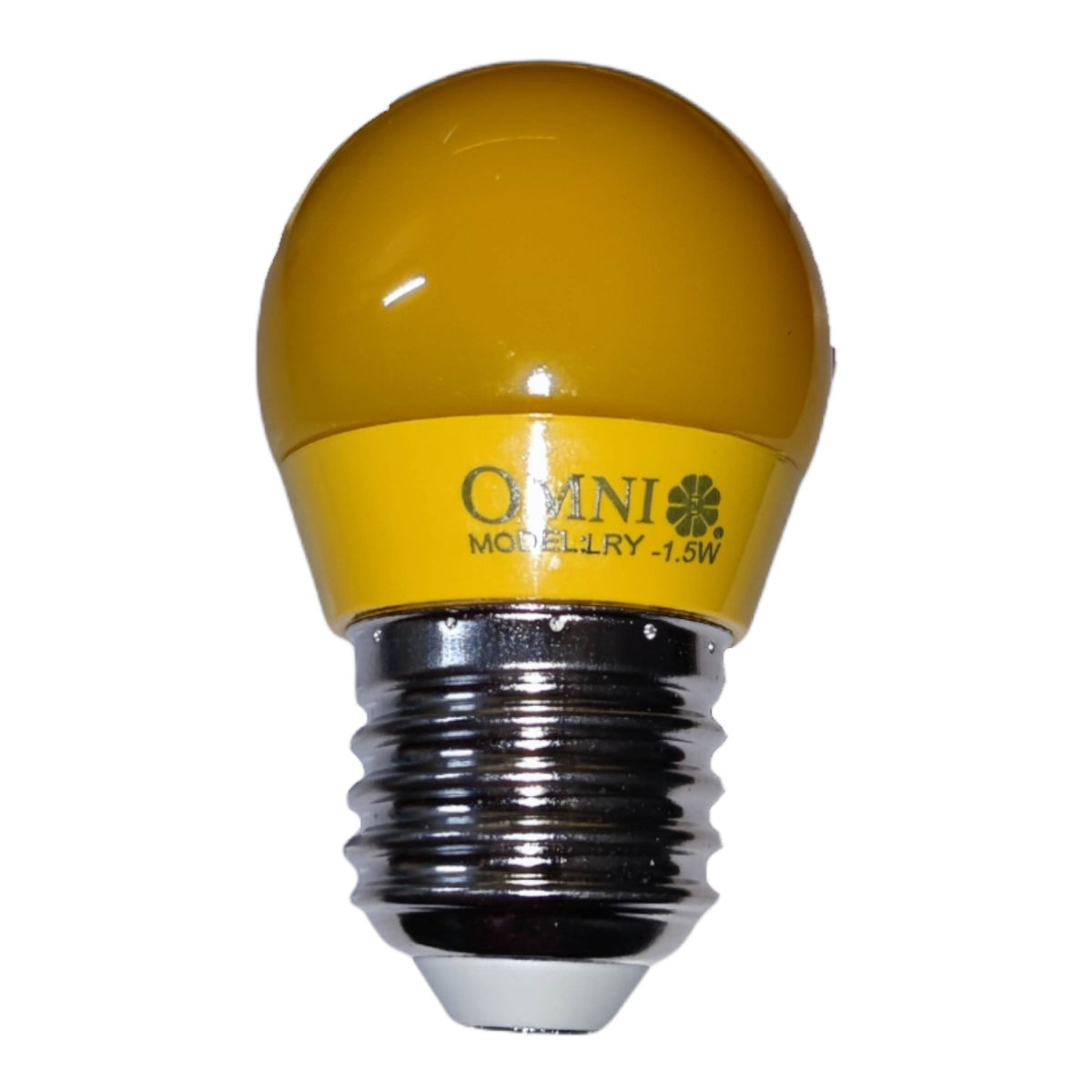 A yellow globe light bulb with a silver screw base, featuring the brand name 'OMNI' printed on the yellow band.