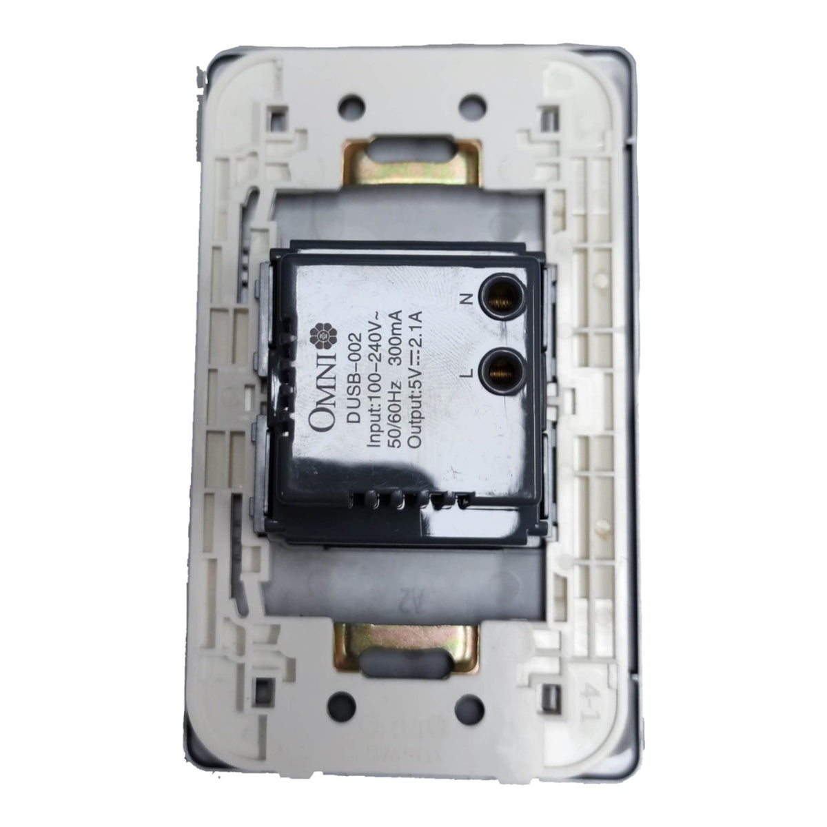 An Omni electronic isolation module for switches, showing the internal printed circuit board with terminal connections labeled N and L, set against a plain white background.