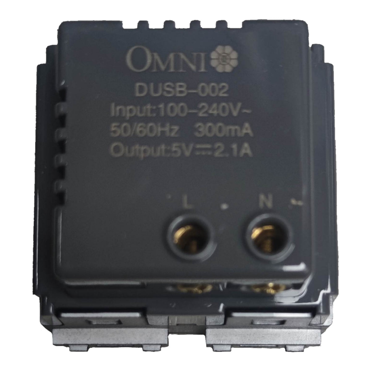 An Omni DUSB-002 USB power supply module, featuring a black plastic casing with gold-plated terminal connectors and printed technical specifications on the top surface.