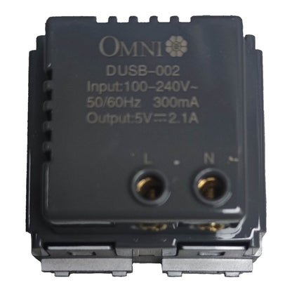 An Omni DUSB-002 USB power supply module, featuring a black plastic casing with gold-plated terminal connectors and printed technical specifications on the top surface.