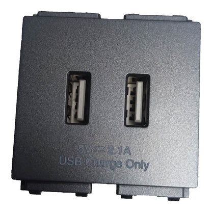 A dual USB-A to USB-C adapter block with two ports, featuring a textured dark gray plastic body and printed text reading '5V=2.1A USB Charge Only'.