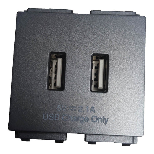 A dual USB-A to USB-C adapter block with two ports, featuring a textured dark gray plastic body and printed text reading '5V=2.1A USB Charge Only'.