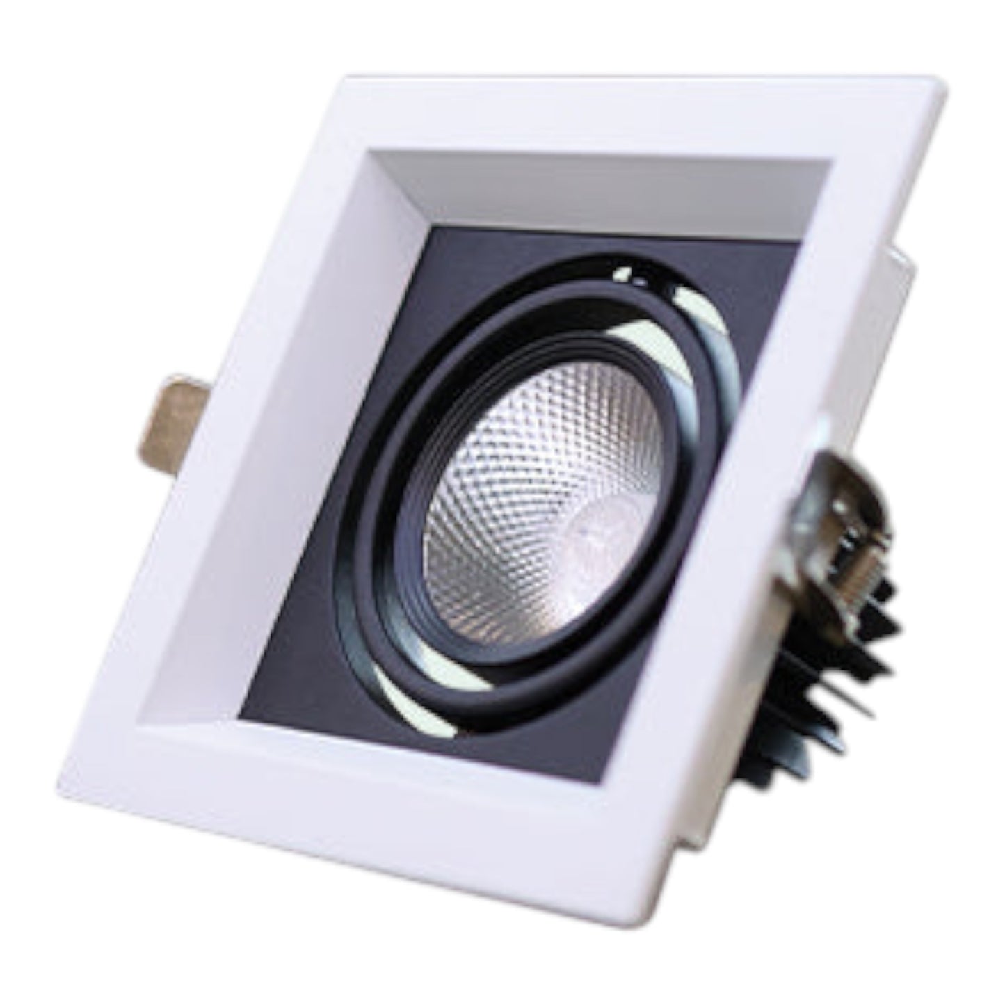A square recessed LED downlight fixture with a white square frame, black inner trim, and a silver reflective lens, shown at an angle on a white background.