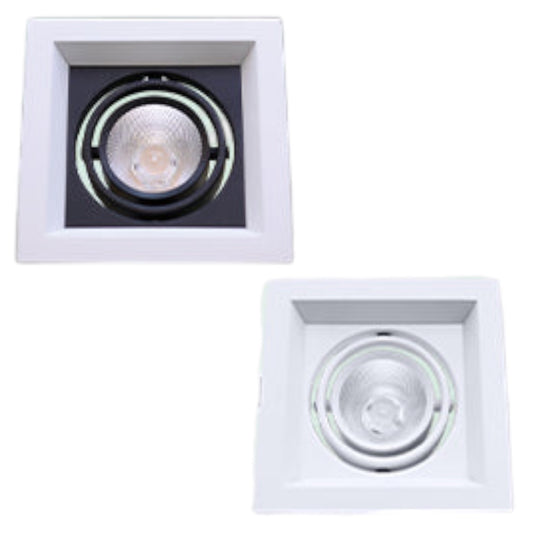 Two square recessed LED downlight fixtures shown from top-down views on a plain white background, one with a black interior trim and one with a clear interior trim.