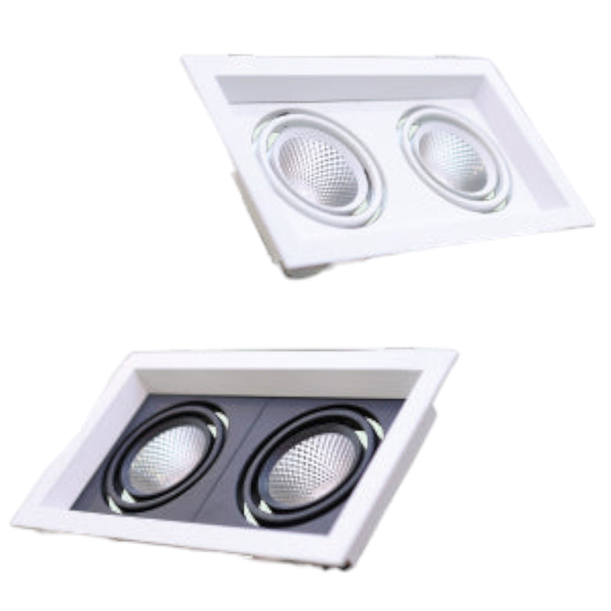 Two square recessed dual-light downlight fixtures shown on a plain white background, one with silver reflectors and the other with black reflectors.