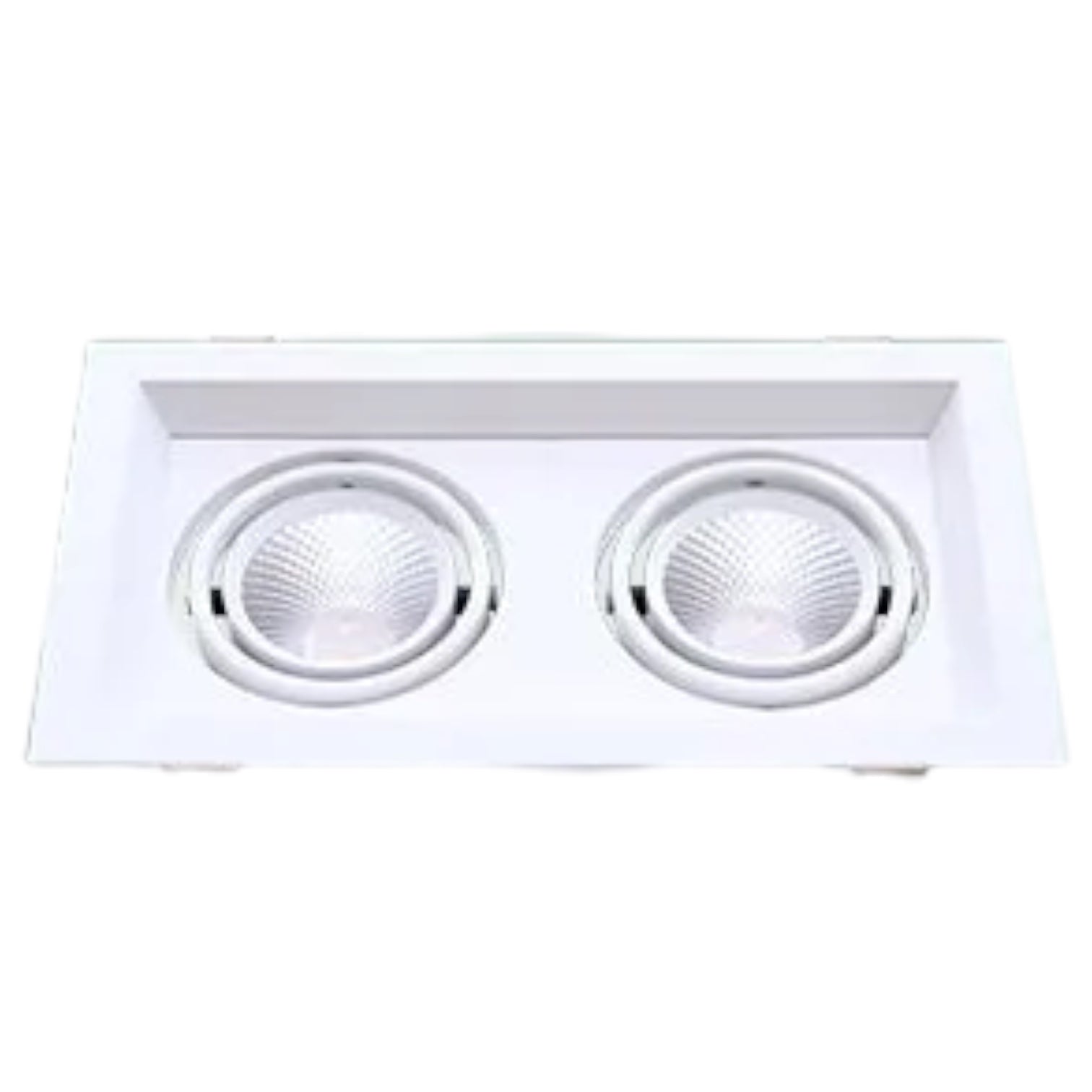 A square white recessed dual light fixture with two round LED lamp housings, shown against a plain white background.