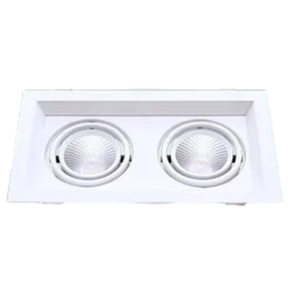 A square white recessed dual light fixture with two round LED lamp housings, shown against a plain white background.
