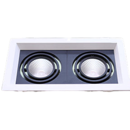 A two-light recessed ceiling fixture with square white outer frames and circular black-trimmed LED reflectors on a dark gray inner plate, shown against a plain white background.