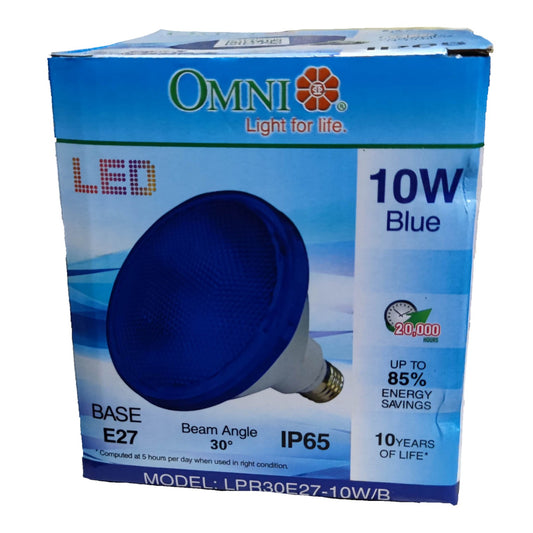 Box of Omni LED blue light bulb on a white background