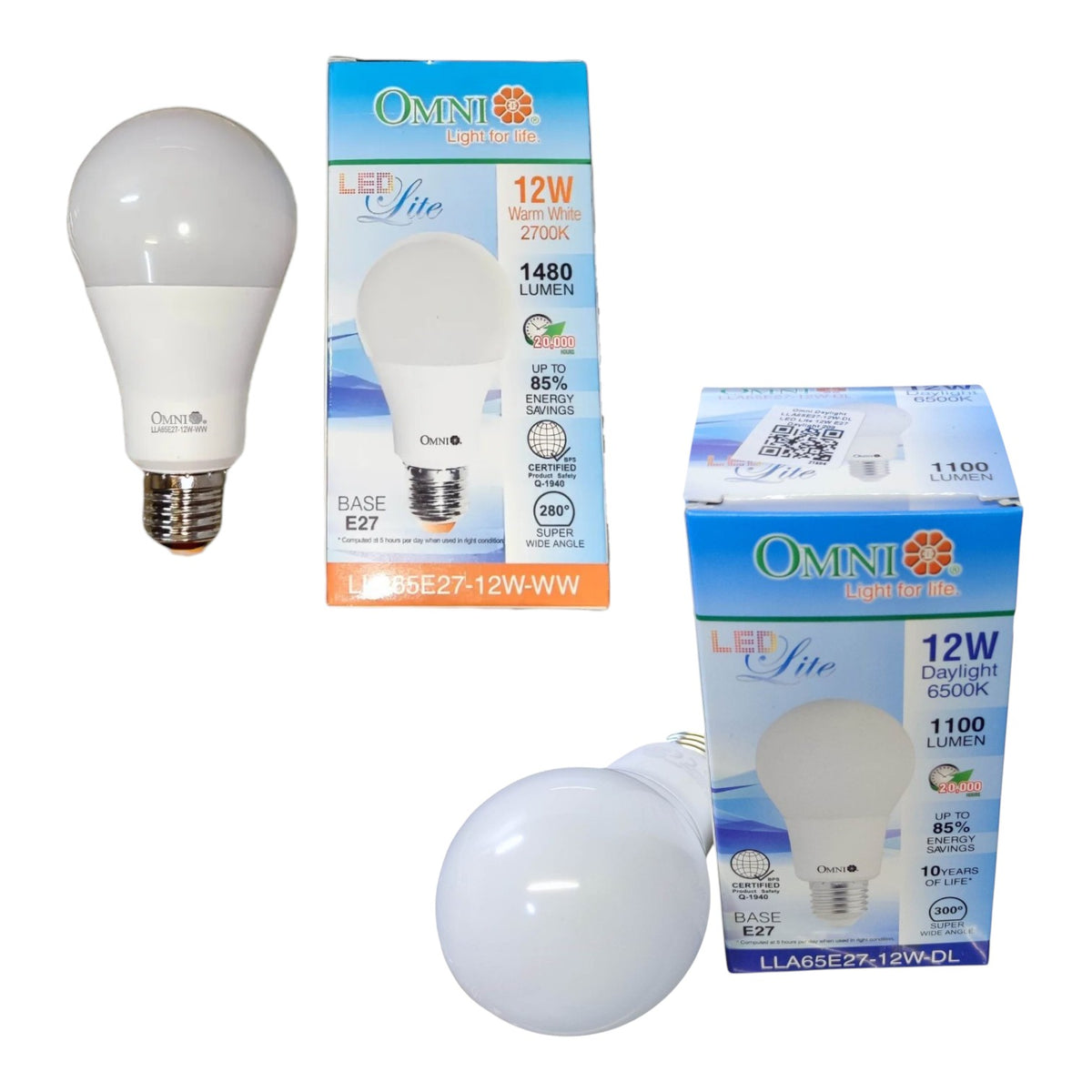 Two OMNI LED Lite 12W LED light bulbs shown with their retail packaging boxes on a plain white background.