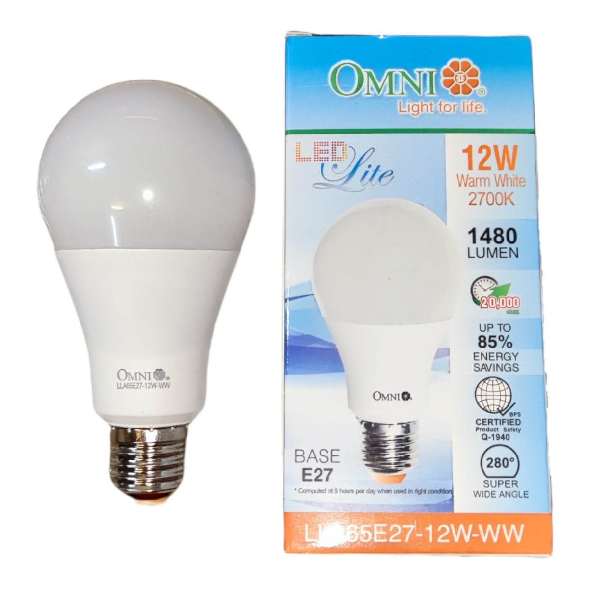 An Omni LED Lite A19 bulb shown next to its retail packaging box. The bulb is white with a silver E27 screw base, and the box is blue and white with product specifications.