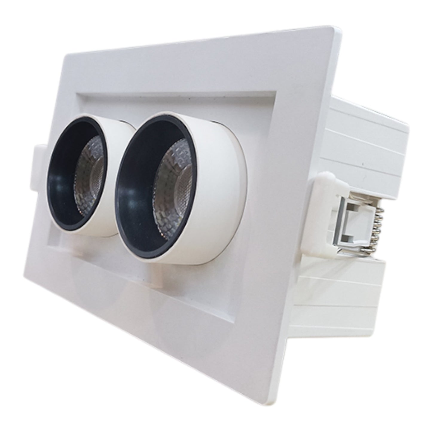A recessed dual-light ceiling light fixture with two white cylindrical lamp housings and black trim, shown on a plain white background.