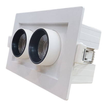 A recessed dual-light ceiling light fixture with two white cylindrical lamp housings and black trim, shown on a plain white background.