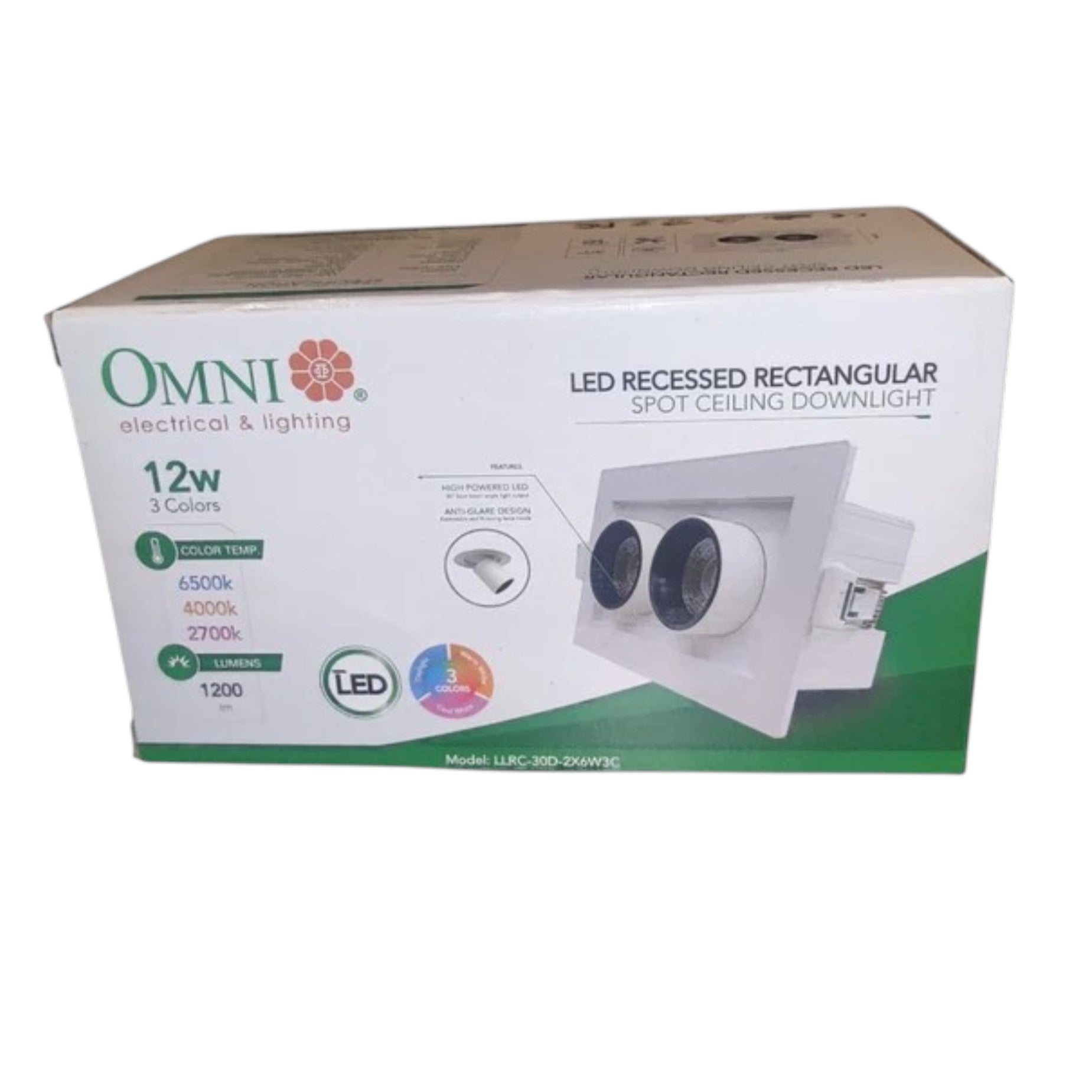 OMNI brand LED recessed rectangular spot ceiling downlight retail packaging box, model LARC-350-20W/DC, shown on a white background.