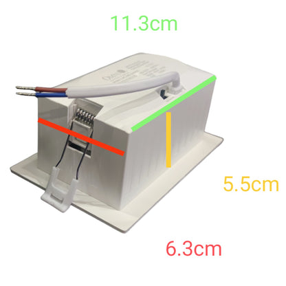 A white rectangular electrical component with attached wires and a small plastic clip, shown on a light gray background with colored measurement lines and text labels reading 11.3cm, 5.