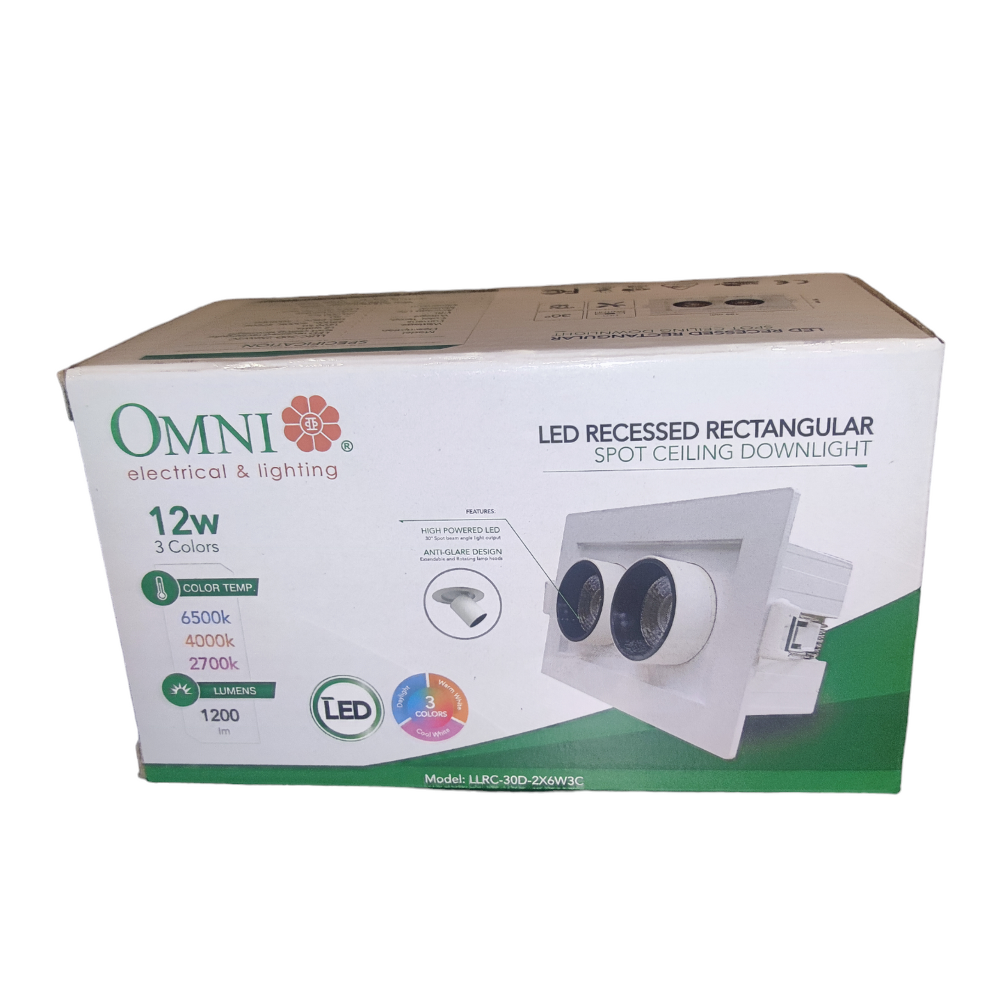 Box of Omni LED recessed rectangular light fixture on a white background