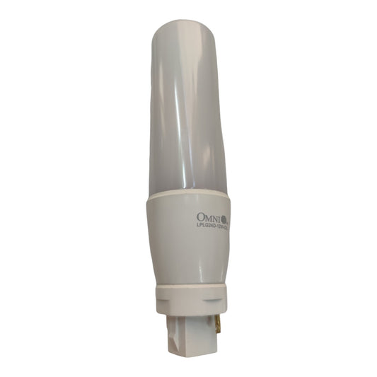 A compact fluorescent light (CFL) tube with a white plastic base and a translucent white glass bulb, featuring the 'Omni' brand logo printed on the white collar.