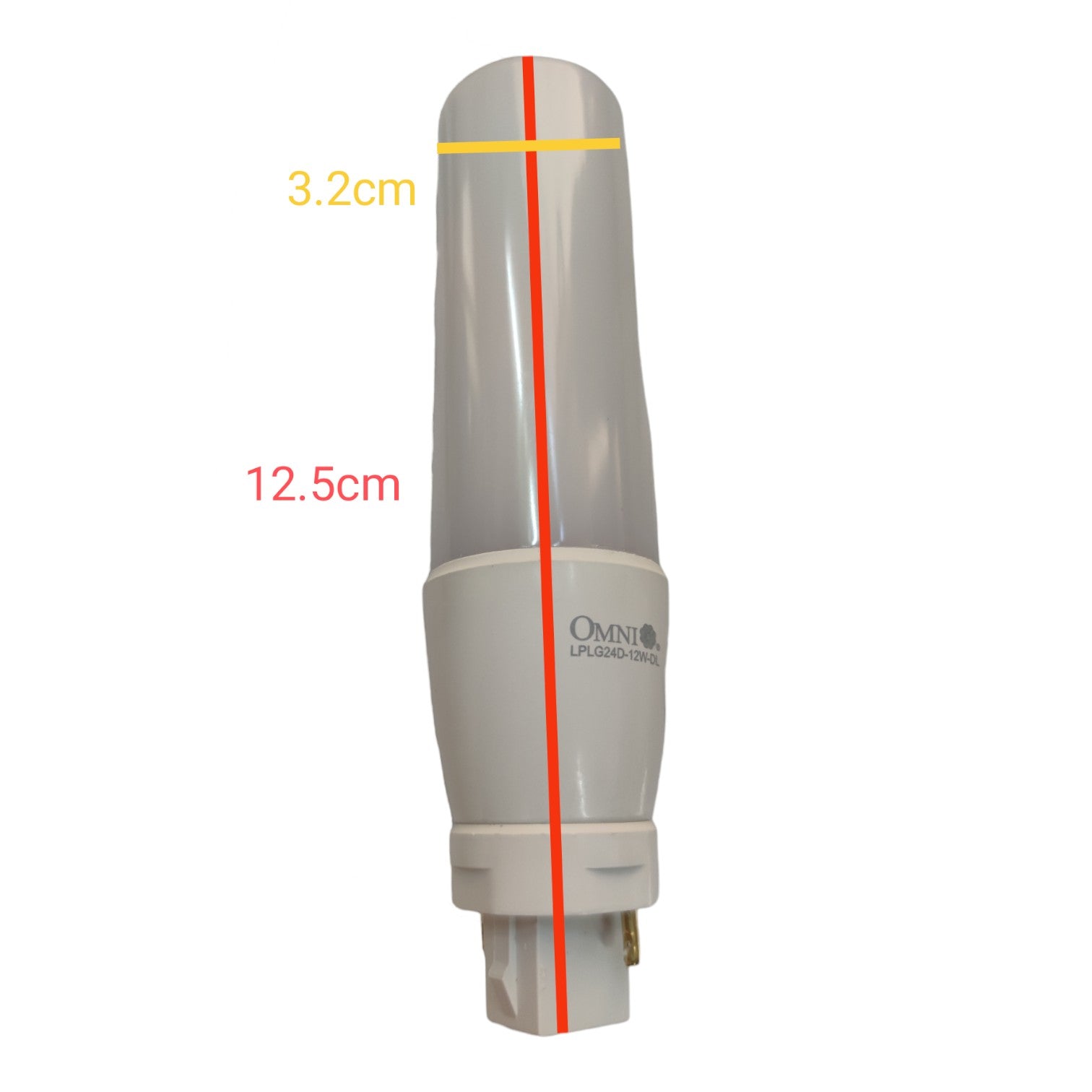 A compact cylindrical LED light bulb with a bayonet-style base, shown on a plain white background with red and yellow measurement lines and text indicating dimensions 3.2 cm and 12.