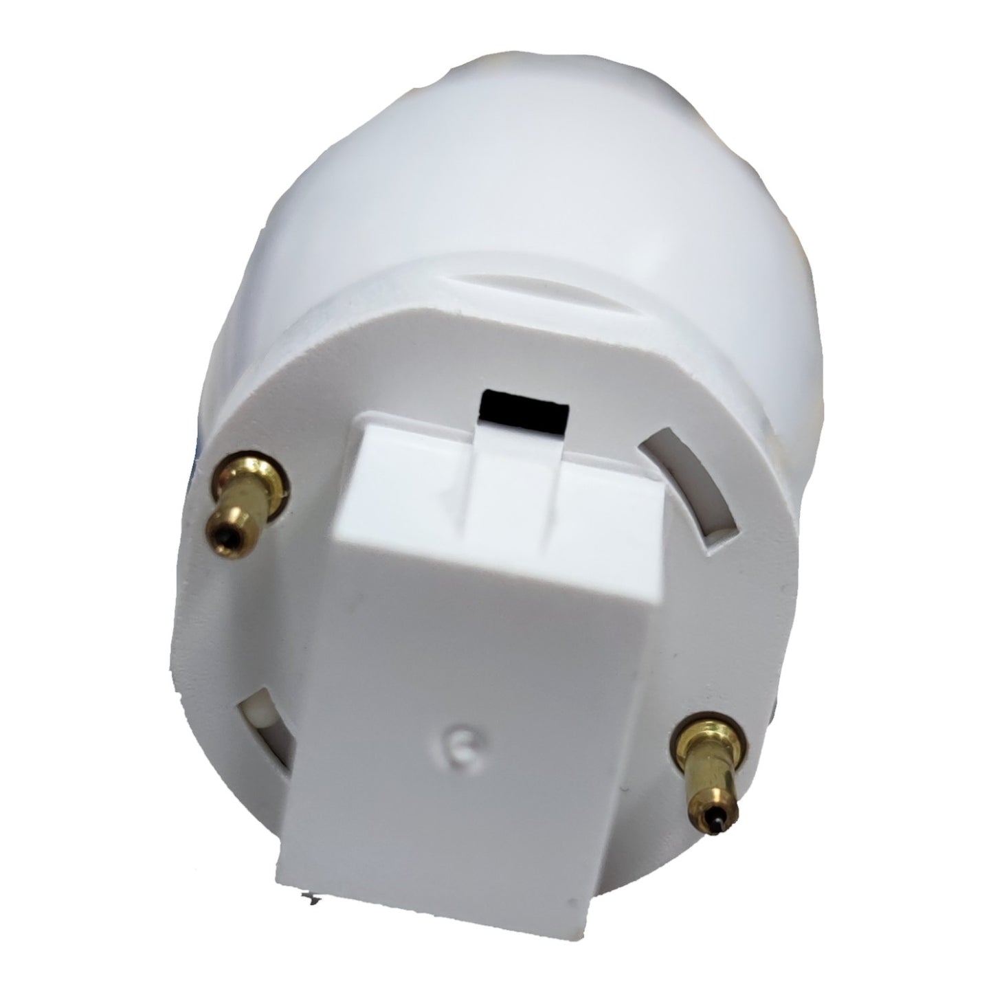 A white plastic electrical adapter plug with two gold metal pins, shown on a plain white background.