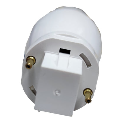 A white plastic electrical adapter plug with two gold metal pins, shown on a plain white background.