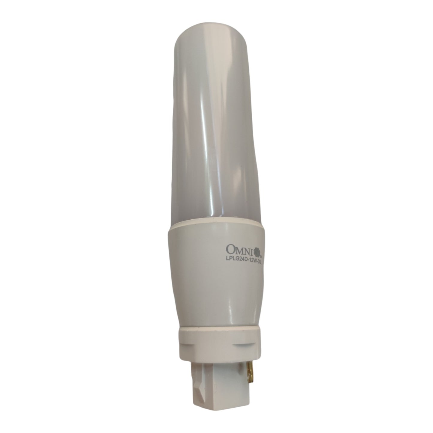 A compact fluorescent light (CFL) tube with a white plastic base and a translucent white glass bulb, featuring the 'Omni' brand logo printed on the white collar.