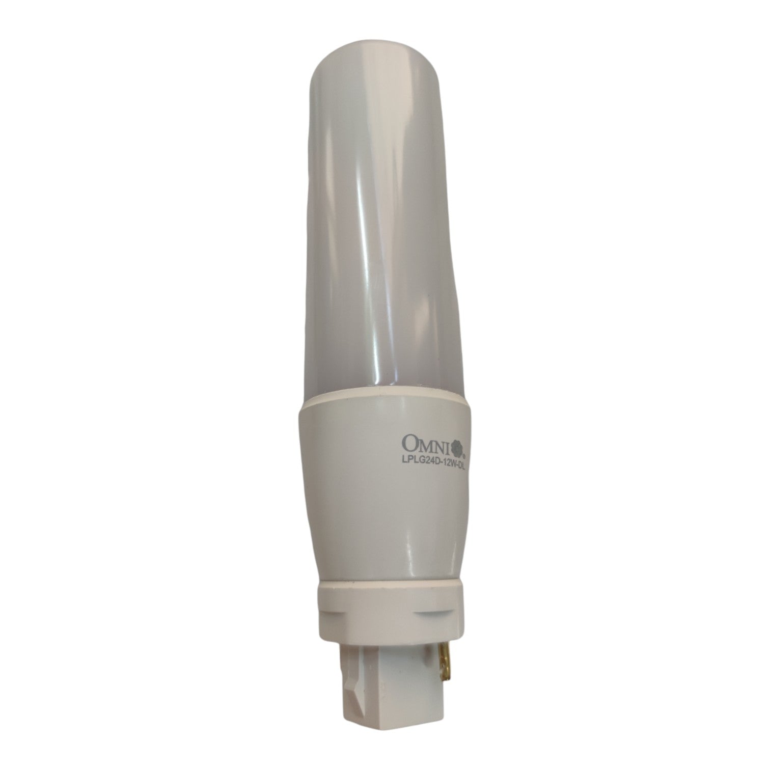 A compact fluorescent light (CFL) tube with a white plastic base and a translucent white glass bulb, featuring the 'Omni' brand logo printed on the white collar.