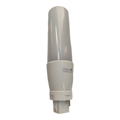 A compact fluorescent light (CFL) tube with a white plastic base and a translucent white glass bulb, featuring the 'Omni' brand logo printed on the white collar.