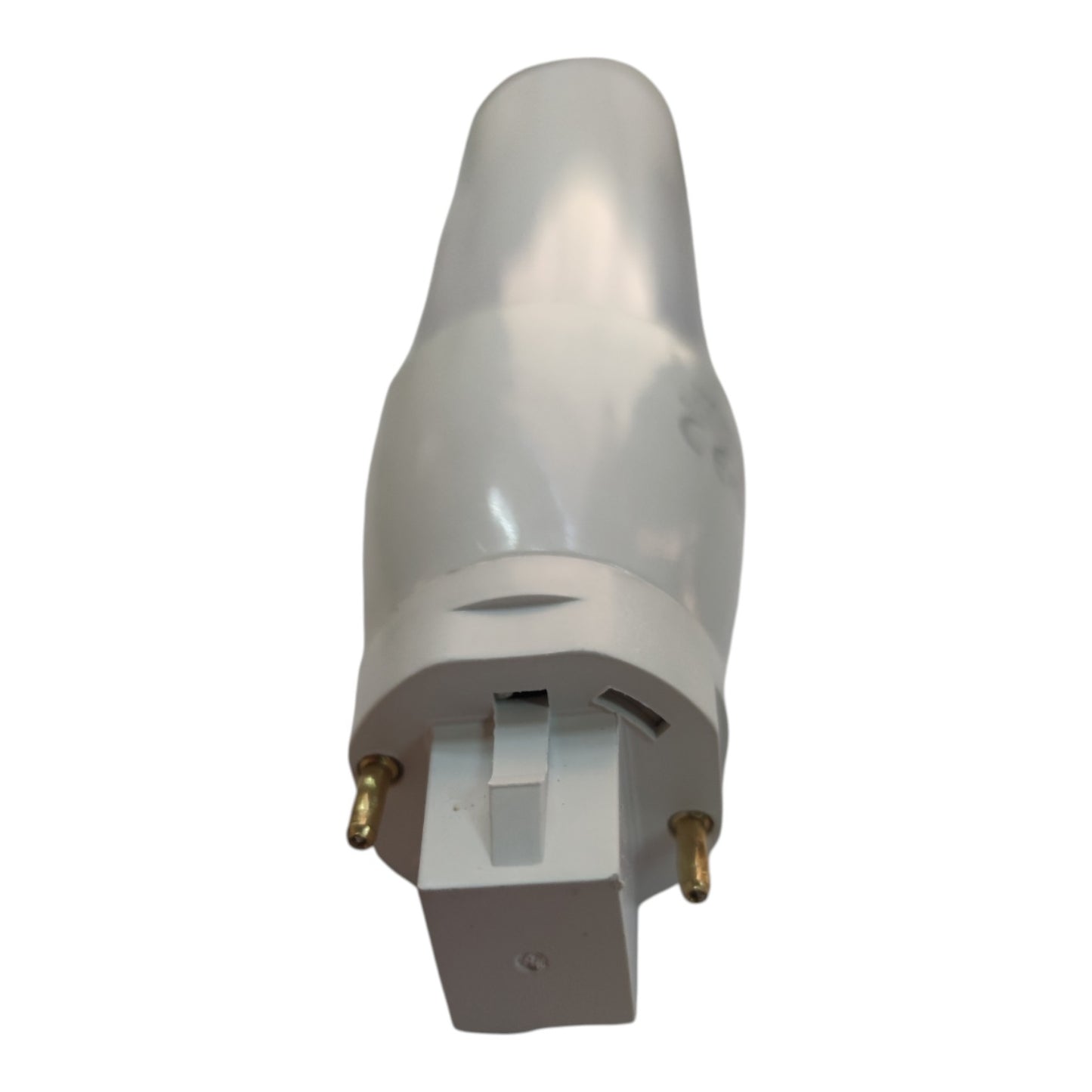 A white compact fluorescent light (CFL) bulb with a two-pin bi-pin plug base, shown against a plain white background.