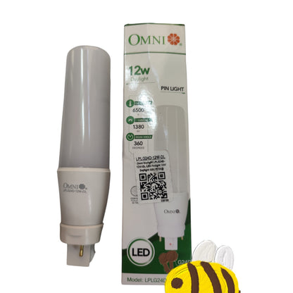 An OMNI 12W LED pin light bulb shown next to its retail packaging box, with a small cartoon bee graphic in the bottom right corner.